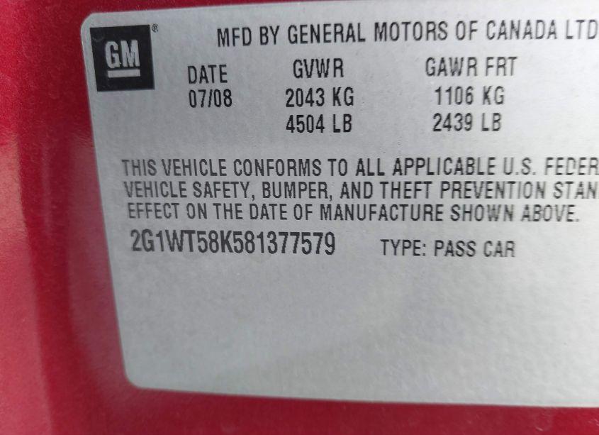 Photo 9 of 2008 Chevrolet Impala LT (VIN 2G1WT58K581377579)