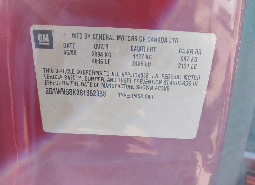 Photo 9 of 2008 Chevrolet Impala LT (VIN 2G1WV58K381362038)