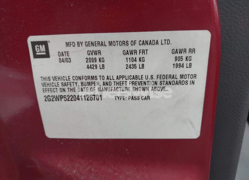 Photo 9 of 2004 Pontiac Grand PRIX GT1 (VIN 2G2WP522041126701)