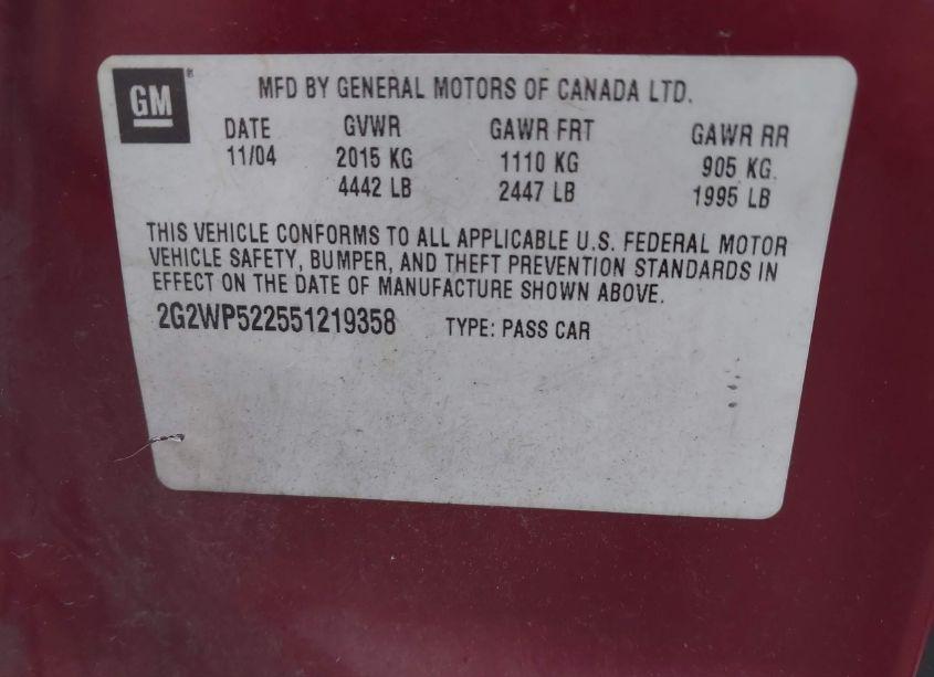 Photo 9 of 2005 Pontiac Grand PRIX (VIN 2G2WP522551219358)