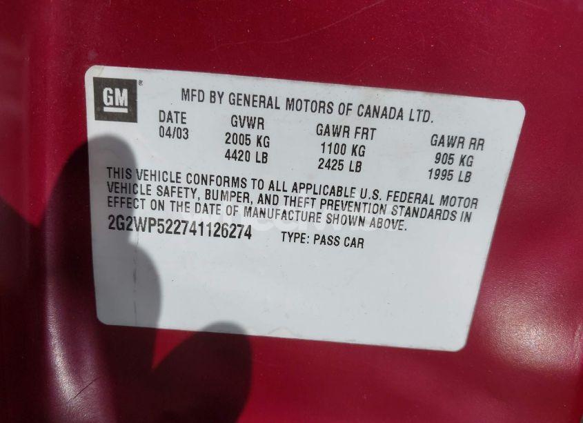 Photo 9 of 2004 Pontiac Grand PRIX GT1 (VIN 2G2WP522741126274)