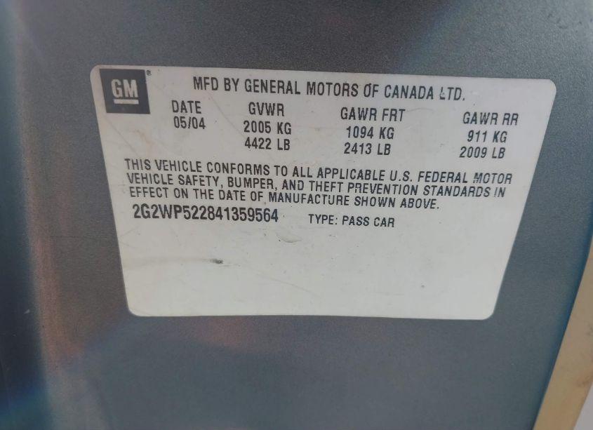 Photo 9 of 2004 Pontiac Grand PRIX GT1 (VIN 2G2WP522841359564)