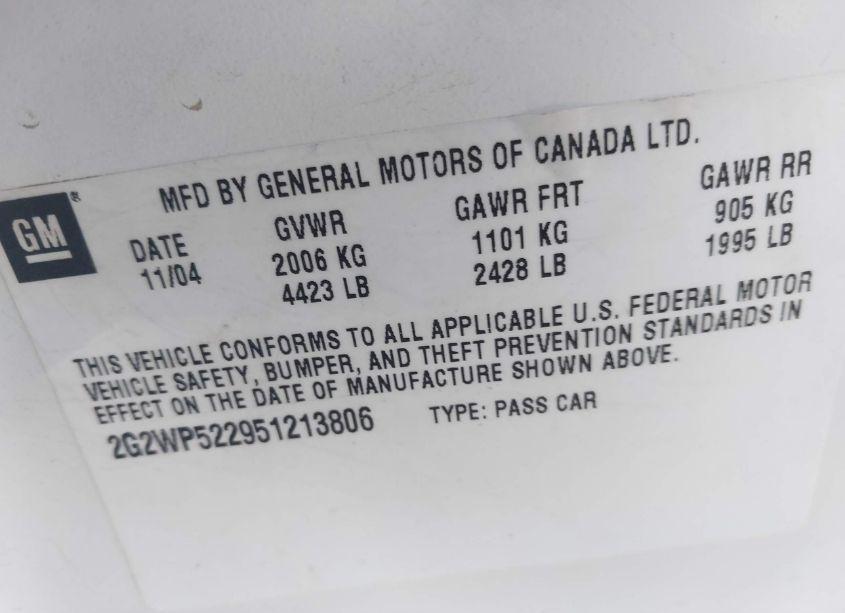 Photo 9 of 2005 Pontiac Grand PRIX (VIN 2G2WP522951213806)