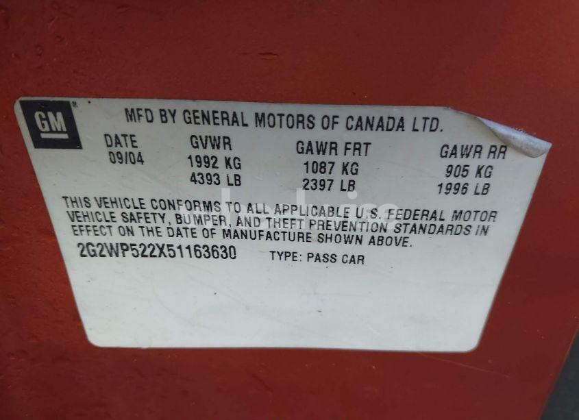 Photo 9 of 2005 Pontiac Grand PRIX (VIN 2G2WP522X51163630)