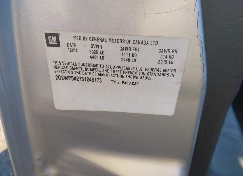 Photo 9 of 2005 Pontiac Grand PRIX (VIN 2G2WP542751243173)