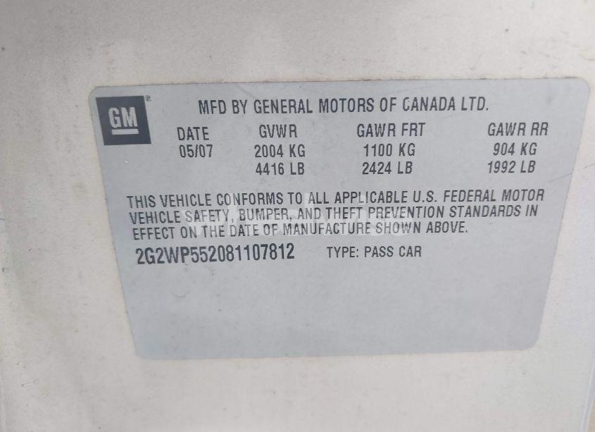 Photo 9 of 2008 Pontiac Grand PRIX (VIN 2G2WP552081107812)