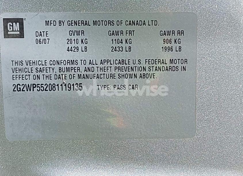 Photo 9 of 2008 Pontiac Grand PRIX (VIN 2G2WP552081119135)