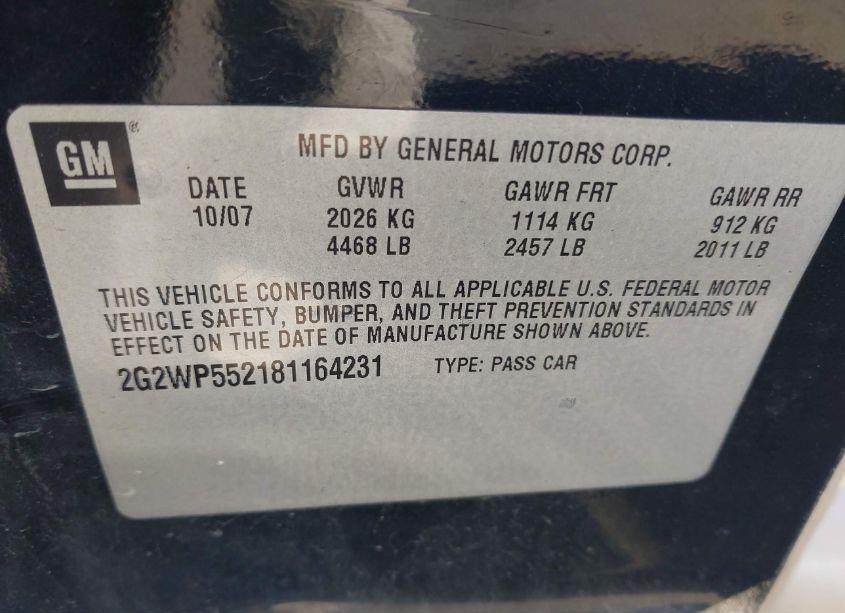Photo 9 of 2008 Pontiac Grand PRIX (VIN 2G2WP552181164231)