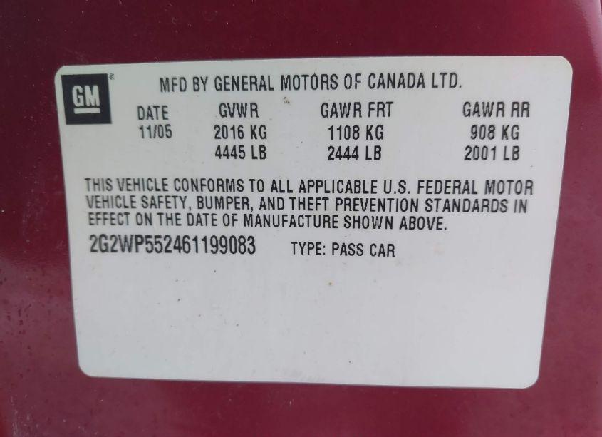 Photo 9 of 2006 Pontiac Grand PRIX (VIN 2G2WP552461199083)