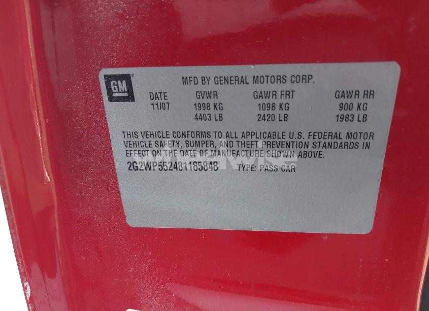 Photo 9 of 2008 Pontiac Grand PRIX (VIN 2G2WP552481185848)