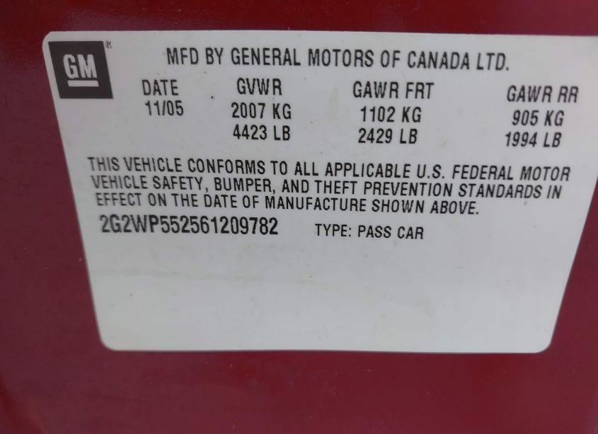 Photo 9 of 2006 Pontiac Grand PRIX (VIN 2G2WP552561209782)