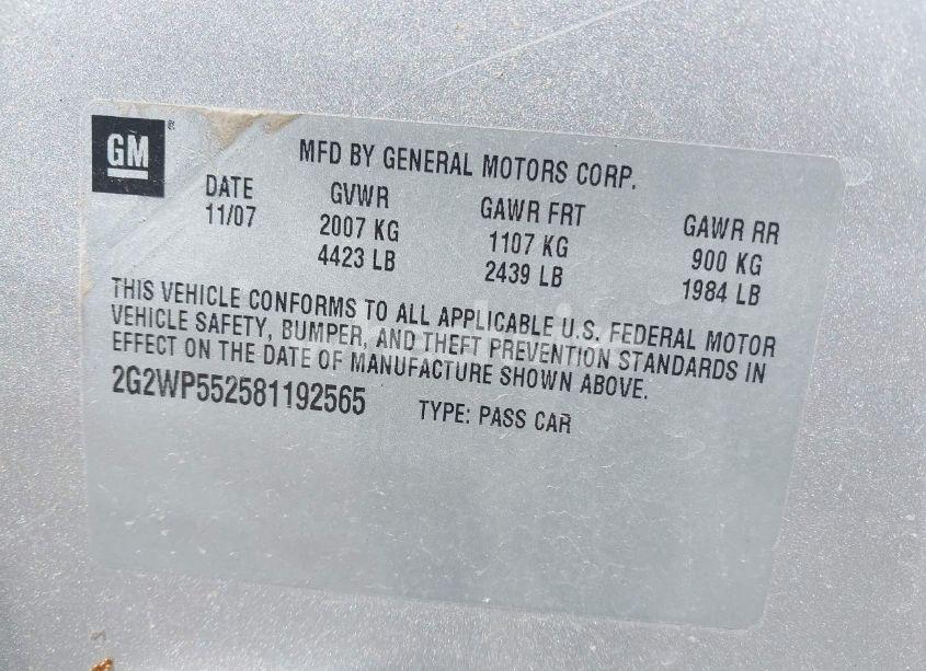 Photo 9 of 2008 Pontiac Grand PRIX (VIN 2G2WP552581192565)