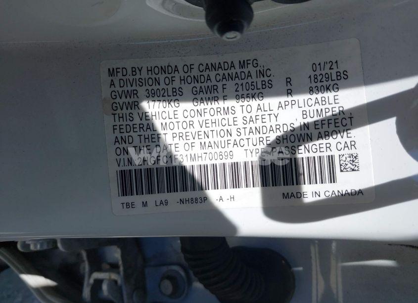Photo 9 of 2021 Honda Civic EX (VIN 2G2WP552661******)