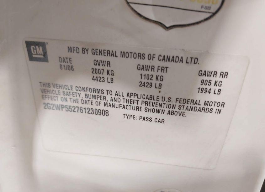 Photo 9 of 2006 Pontiac Grand PRIX (VIN 2G2WP552761230908)