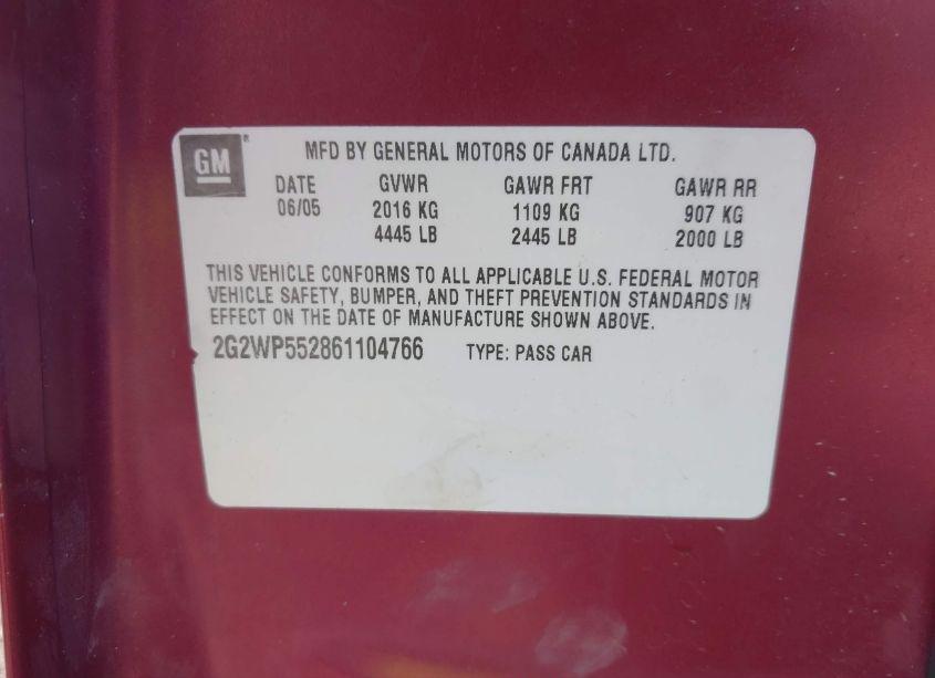 Photo 9 of 2006 Pontiac Grand PRIX (VIN 2G2WP552861104766)