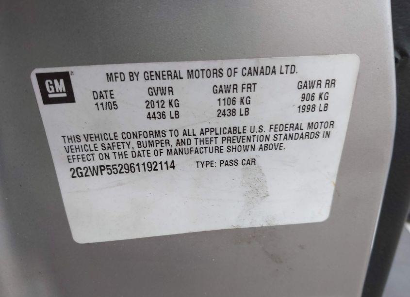 Photo 9 of 2006 Pontiac Grand PRIX (VIN 2G2WP552961192114)