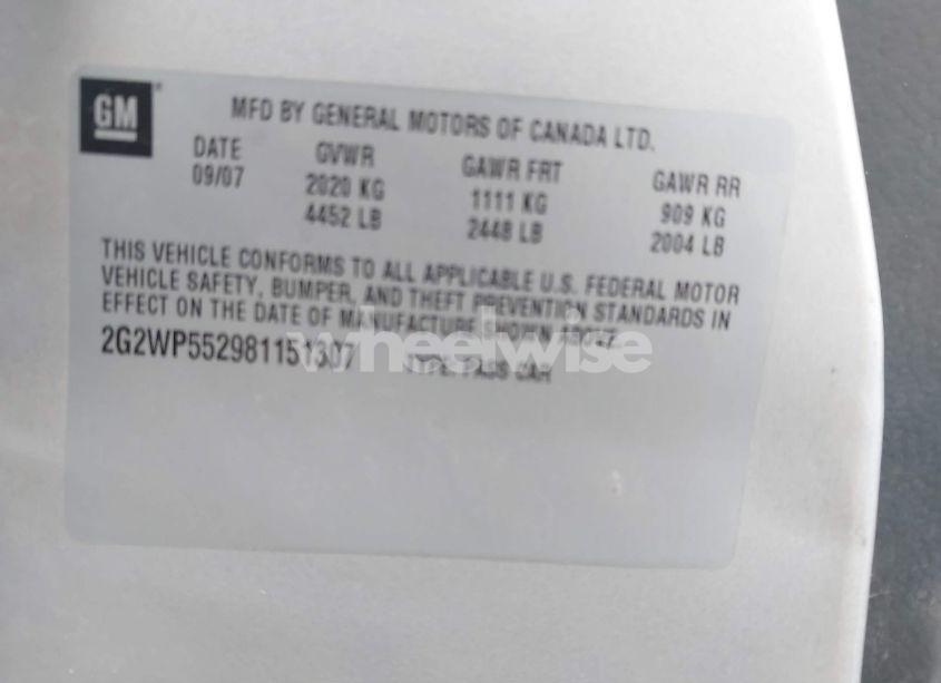 Photo 9 of 2008 Pontiac Grand PRIX (VIN 2G2WP552981151307)