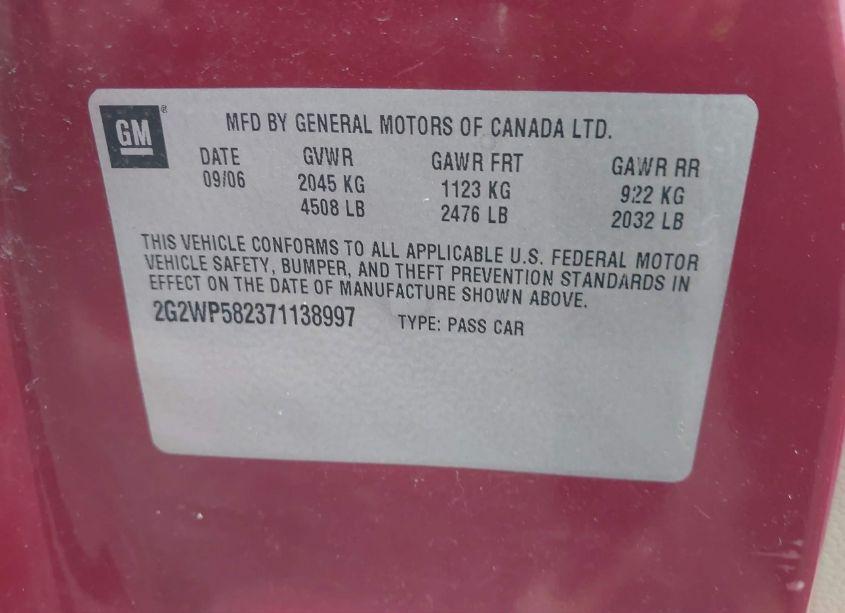 Photo 9 of 2007 Pontiac Grand PRIX (VIN 2G2WP582371138997)