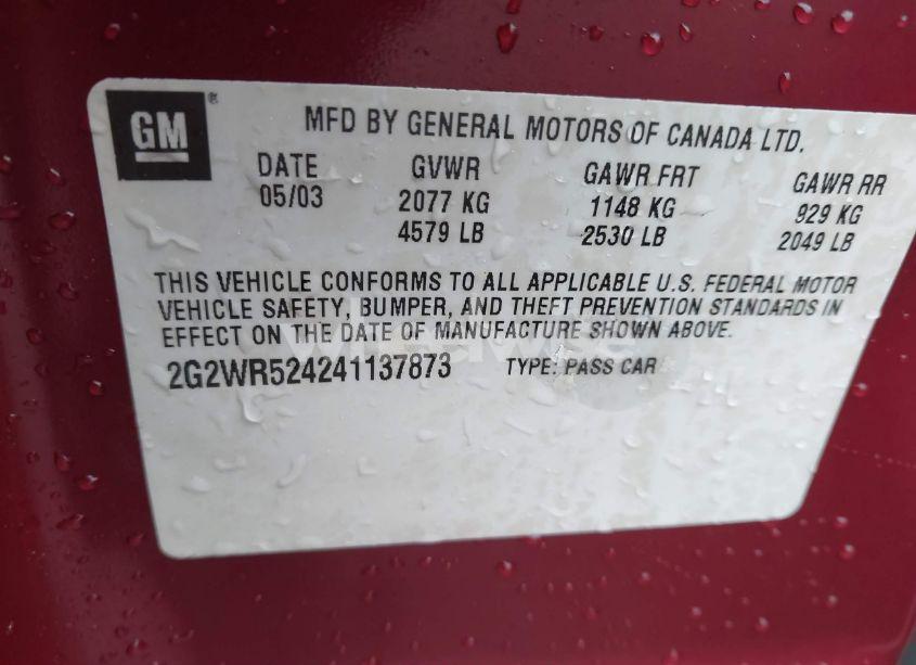 Photo 9 of 2004 Pontiac Grand PRIX GTP (VIN 2G2WR524241137873)