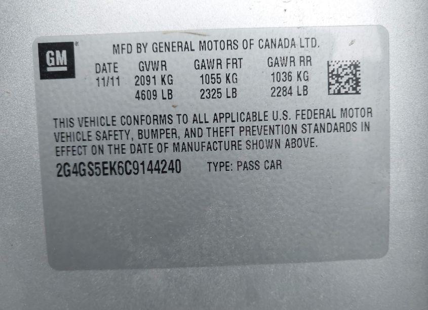 Photo 9 of 2012 Buick Regal PREMIUM 1 (VIN 2G4GS5EK6C9144240)