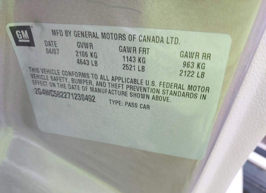 Photo 9 of 2007 Buick Lacrosse CX (VIN 2G4WC582271230492)