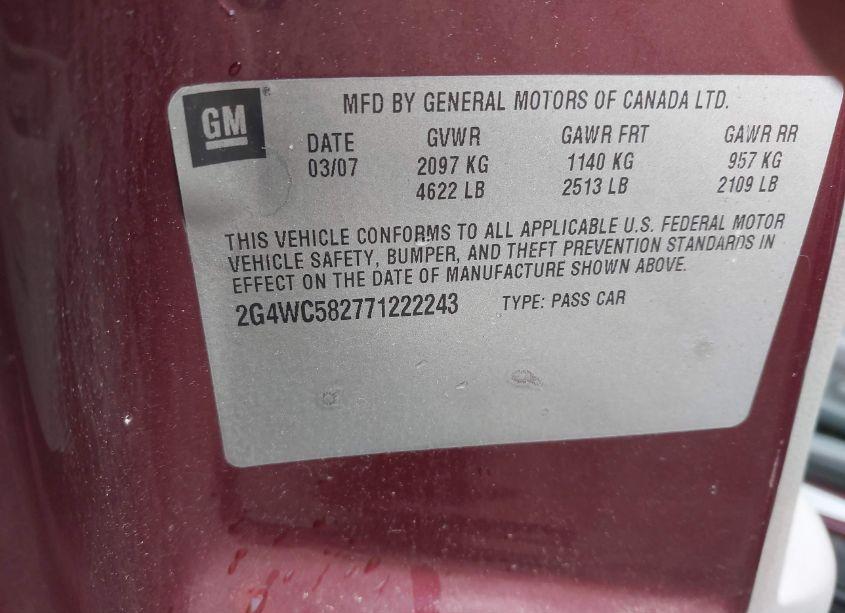 Photo 9 of 2007 Buick Lacrosse CX (VIN 2G4WC582771222243)