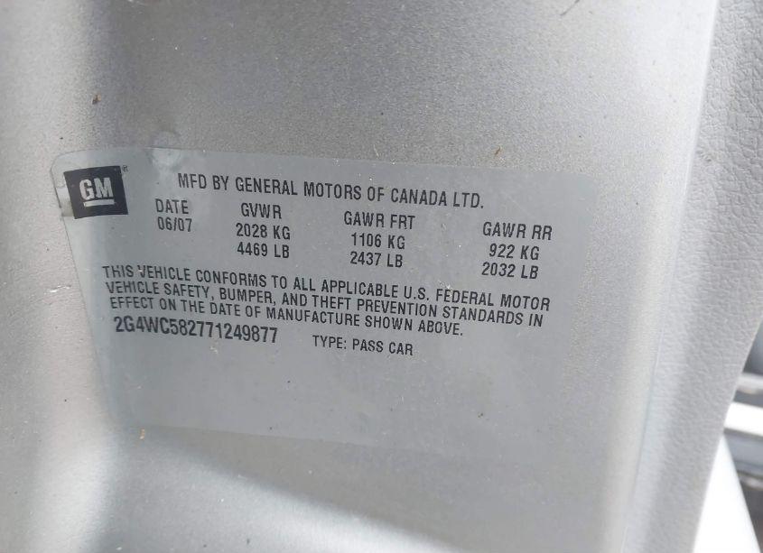 Photo 9 of 2007 Buick Lacrosse CX (VIN 2G4WC582771249877)