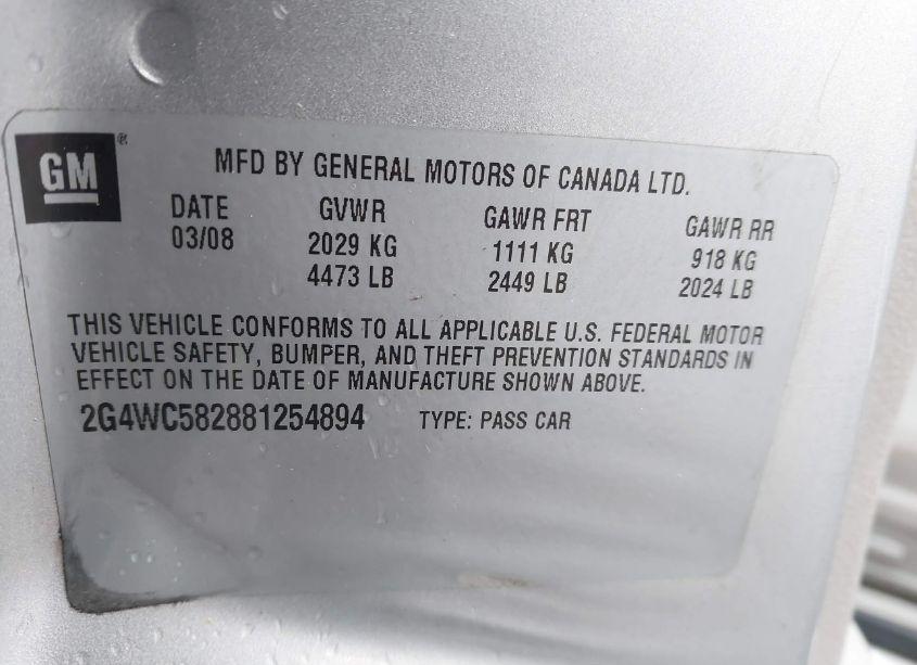 Photo 9 of 2008 Buick Lacrosse CX (VIN 2G4WC582881254894)