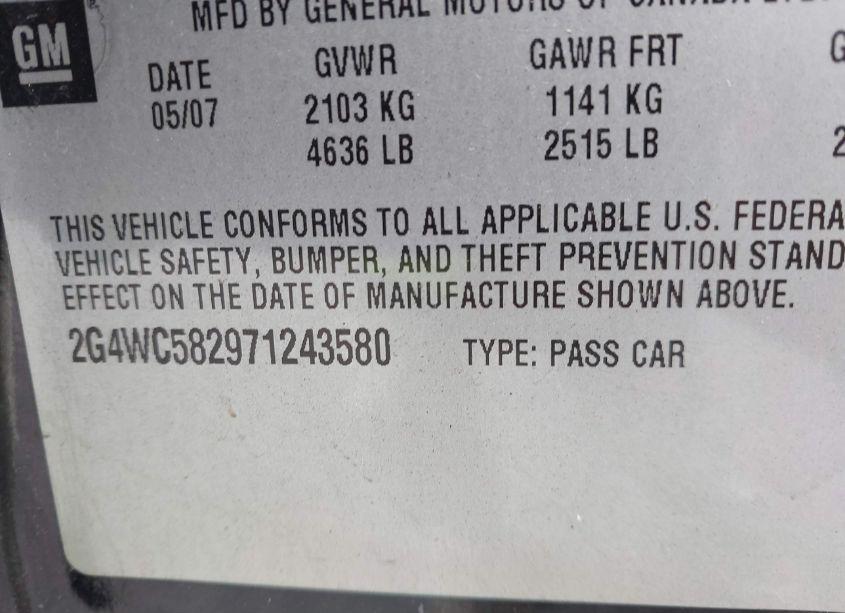 Photo 9 of 2007 Buick Lacrosse CX (VIN 2G4WC582971243580)