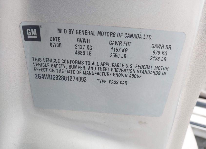 Photo 9 of 2008 Buick Lacrosse CXL (VIN 2G4WD582881374093)