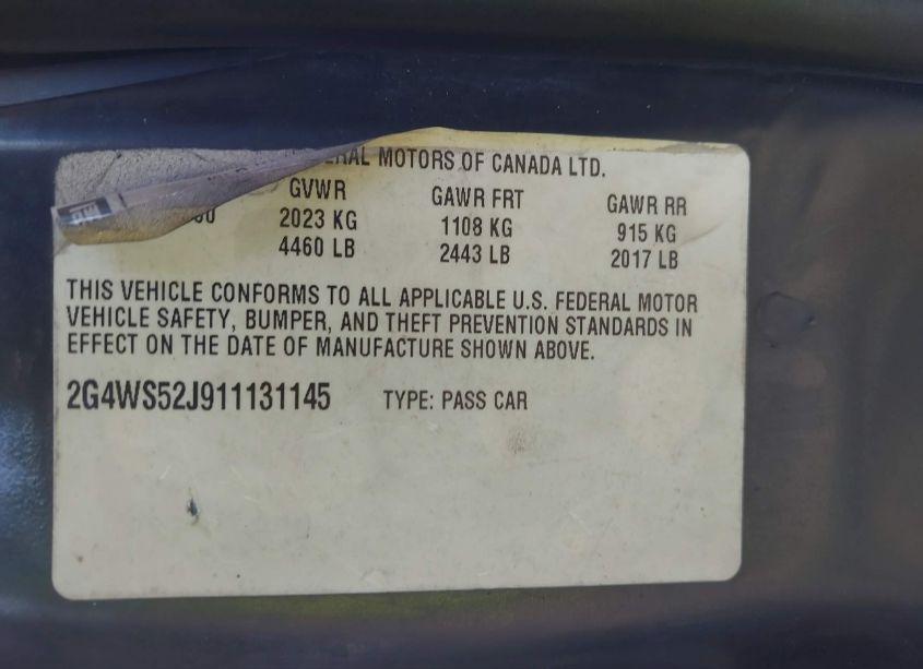 Photo 9 of 2001 Buick Century CUSTOM (VIN 2G4WS52J911131145)