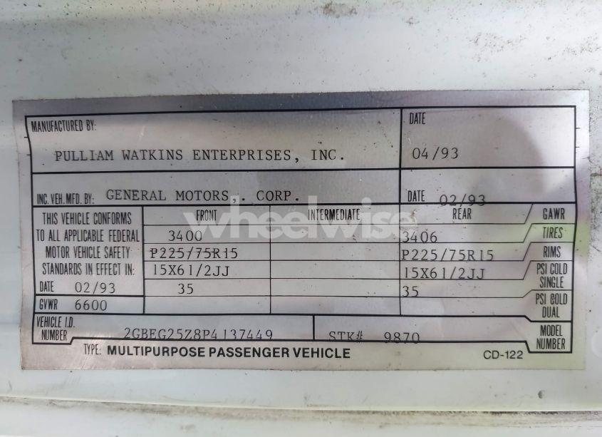 Photo 9 of 1993 Chevrolet G20 (VIN 2GBEG25Z8P4137449)