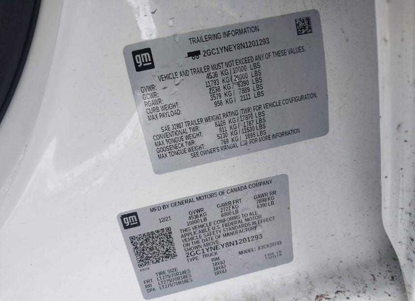 Photo 8 of 2022 Chevrolet Silverado 2500HD 4WD STANDARD BED LT (VIN 2GC1YNEY8N1201293)