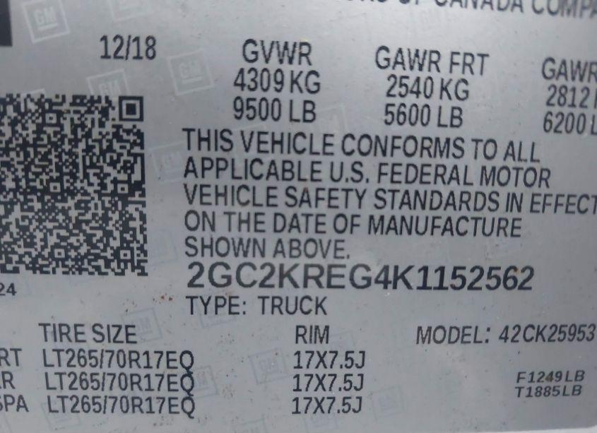 Photo 9 of 2019 Chevrolet Silverado 2500HD WT (VIN 2GC2KREG4K1152562)