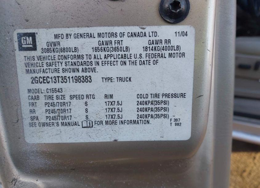 Photo 9 of 2005 Chevrolet Silverado 1500 LT (VIN 2GCEC13T351198383)