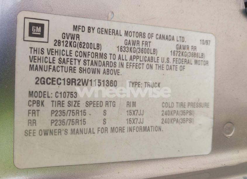 Photo 9 of 1998 Chevrolet C1500 FLEETSIDE (VIN 2GCEC19R2W1151360)