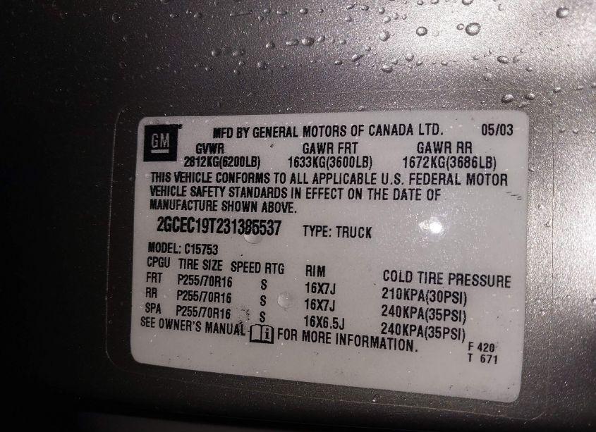 Photo 9 of 2003 Chevrolet Silverado 1500 LT (VIN 2GCEC19T231385537)