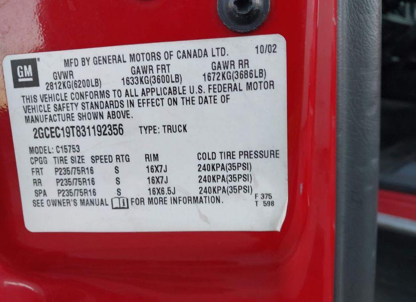 Photo 9 of 2003 Chevrolet Silverado 1500 LS (VIN 2GCEC19T831192356)