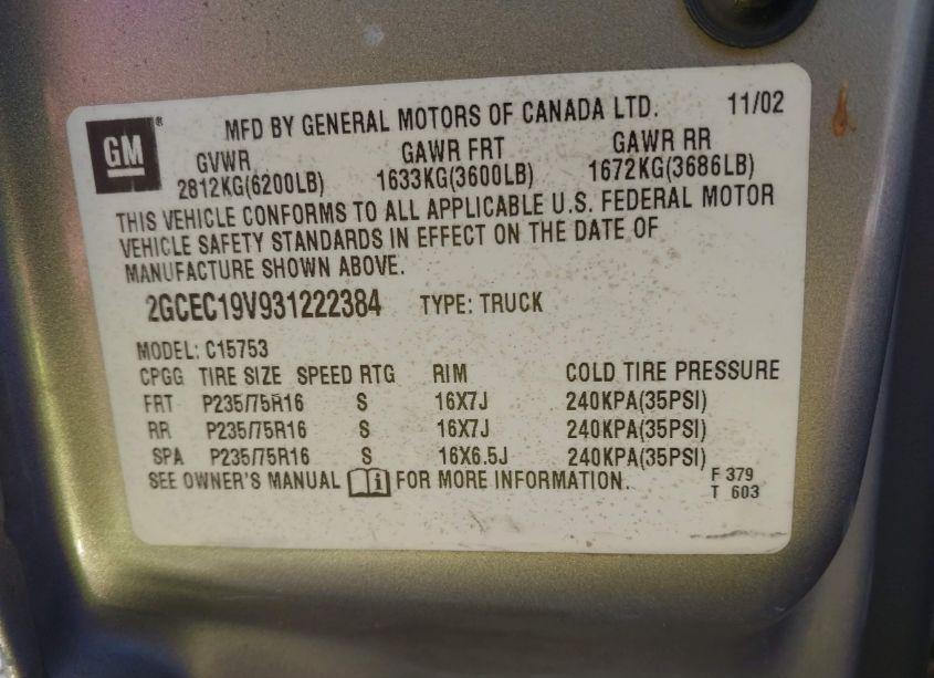 Photo 9 of 2003 Chevrolet Silverado 1500 LS (VIN 2GCEC19V931222384)