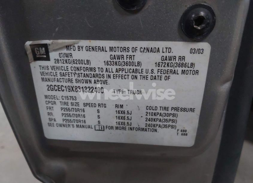 Photo 9 of 2003 Chevrolet Silverado 1500 WORK TRUCK (VIN 2GCEC19X831322400)