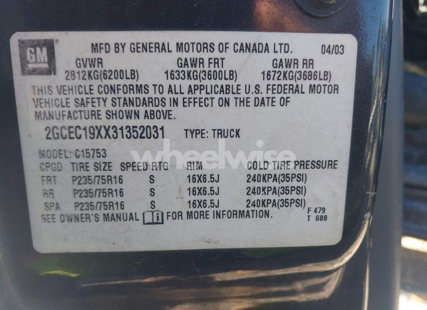 Photo 9 of 2003 Chevrolet Silverado 1500 (VIN 2GCEC19XX31352031)