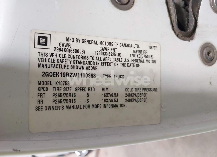 Photo 9 of 1998 Chevrolet K1500 FLEETSIDE (VIN 2GCEK19R2W1100363)