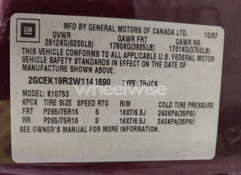 Photo 9 of 1998 Chevrolet K1500 FLEETSIDE (VIN 2GCEK19R2W1141690)