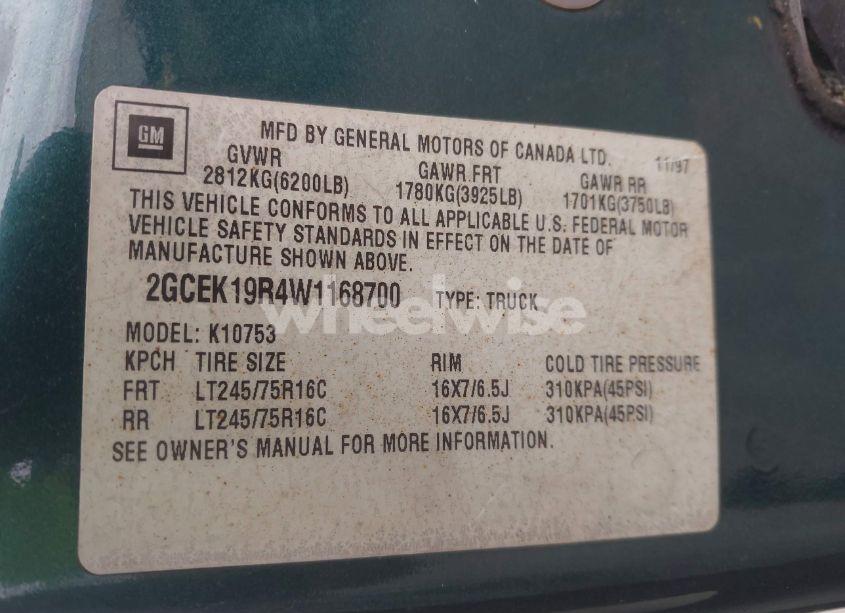 Photo 9 of 1998 Chevrolet K1500 FLEETSIDE (VIN 2GCEK19R4W1168700)