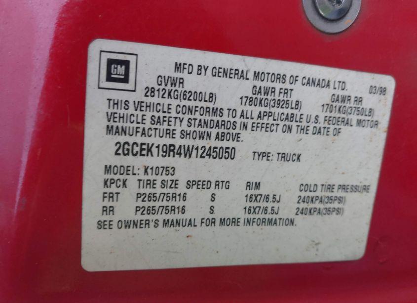 Photo 9 of 1998 Chevrolet K1500 FLEETSIDE (VIN 2GCEK19R4W1245050)