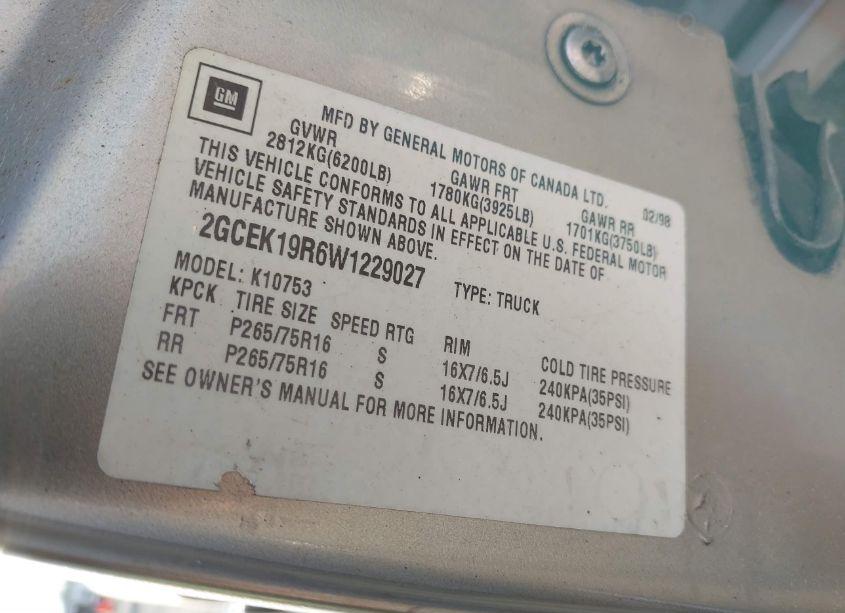 Photo 9 of 1998 Chevrolet K1500 FLEETSIDE (VIN 2GCEK19R6W1229027)