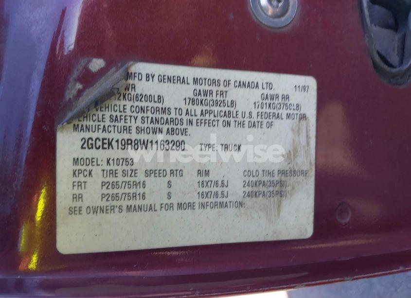 Photo 9 of 1998 Chevrolet K1500 FLEETSIDE (VIN 2GCEK19R8W1163290)