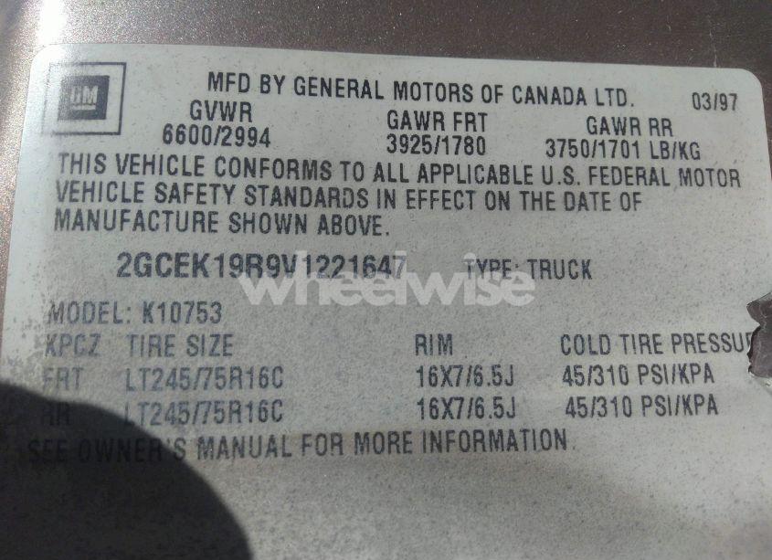 Photo 9 of 1997 Chevrolet K1500 FLEETSIDE (VIN 2GCEK19R9V1221647)