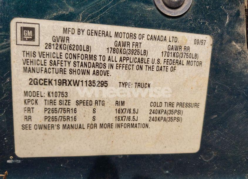 Photo 9 of 1998 Chevrolet K1500 FLEETSIDE (VIN 2GCEK19RXW1135295)