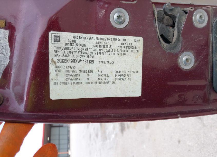 Photo 9 of 1998 Chevrolet K1500 FLEETSIDE (VIN 2GCEK19RXW1181189)